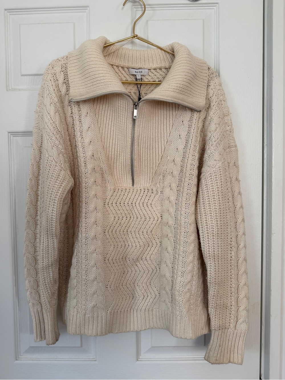 Reiss Chunky Cable Knit Half-Zip Sweater in Cream